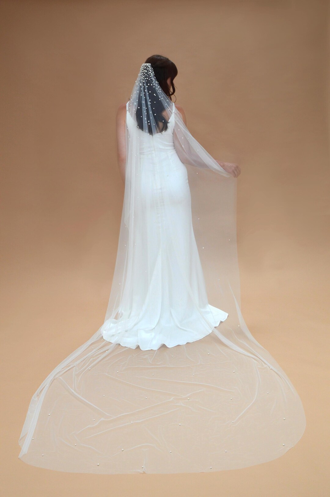 Cathedral Wedding Veil With Pearls: Soft Ivory Tulle, 3  display picture 2