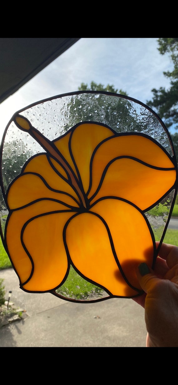 Flower Yellow Hibiscus stained glass original design sun Etsy