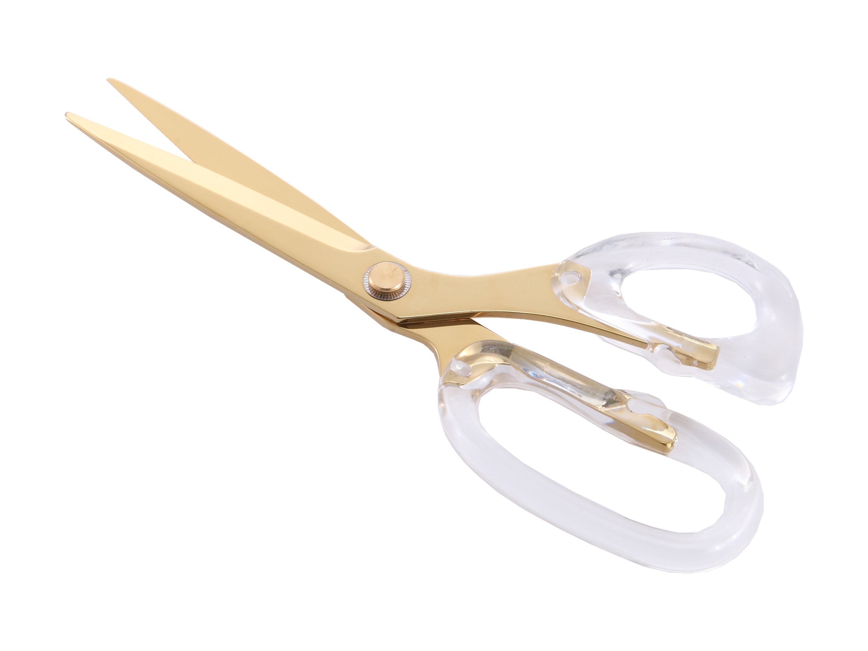Schaar groot 23 cm, goud met handvat van transparant acryl, voor