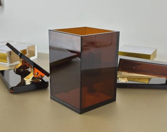 Retro Design Pen Holder Amber Gold Acrylic -  Desk Organizer