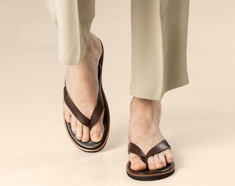 Brown Leather Flip Flops, Unisex Summer Sandals