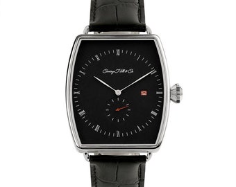 Montres de luxe, montres-bracelets en argent et montres en cuir noir conçues par Carriage Hill & Co