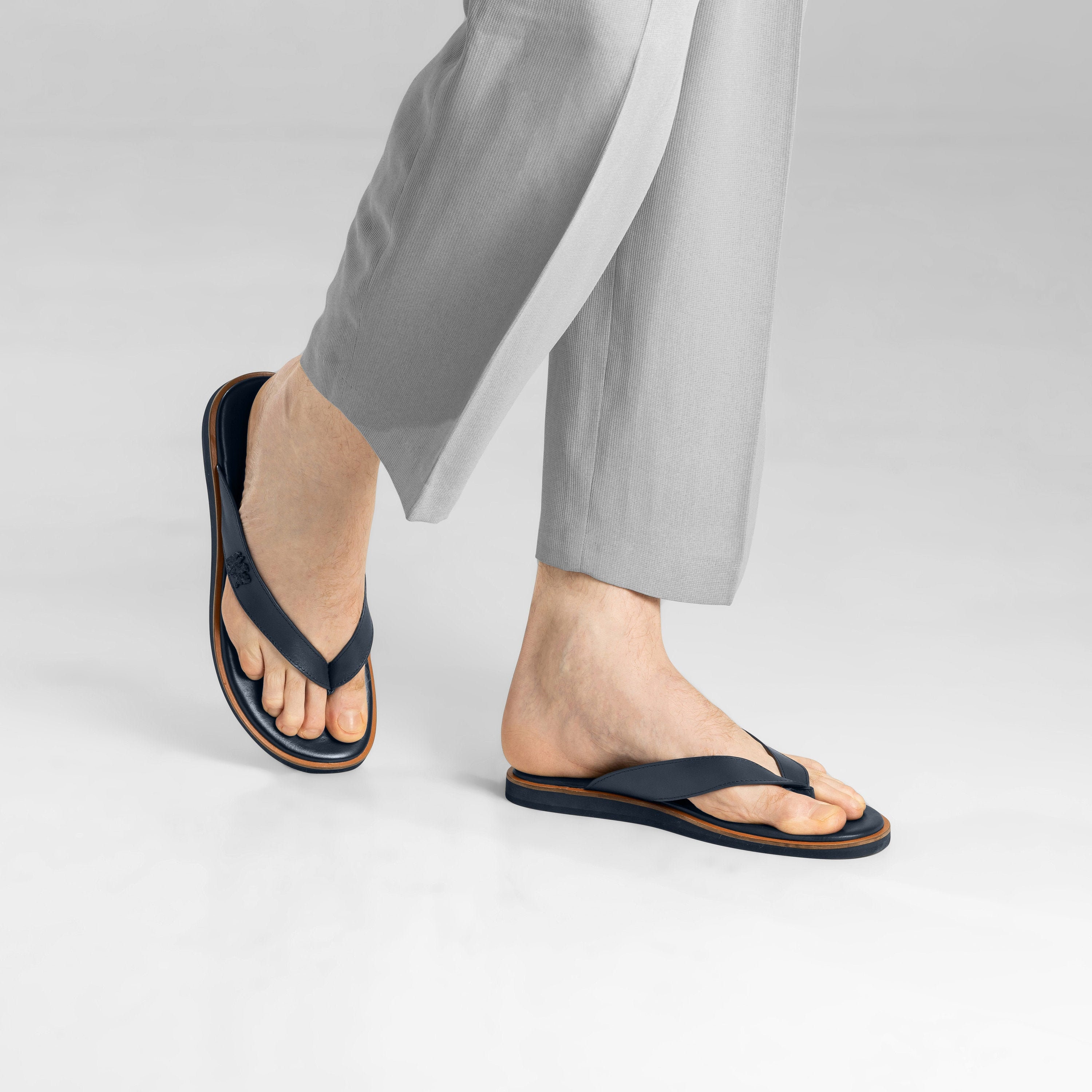 THONG SANDALS, FOOTWEAR, Handmade Navy Leather Flip Flops
