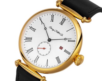 Gold Plated Roman Numeral Watch, Leather Strap, Sapphire Glass