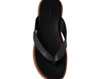 Sandalias de dedo de cuero negro, chanclas unisex de verano