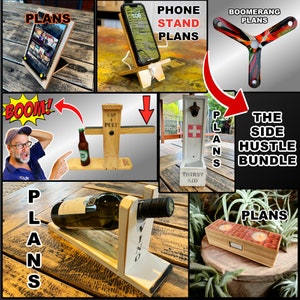 Woodworking Plans, Easy Fun Woodworking Projects Bundle, Phone and Tablet Stand, Bottle Stand and Bottle Openers, Candle Holder, Boomerang