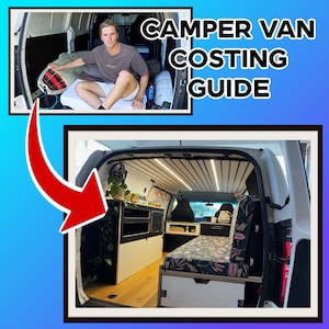 Puede incluir: Una furgoneta blanca camperizada con el interior convertido en un espacio habitable. La furgoneta tiene un suelo de madera, una cama con un colchón de estampado floral, una pequeña encimera de cocina y una planta colgando del techo. El texto "CAMPER VAN COSTING GUIDE" se muestra encima de la imagen.