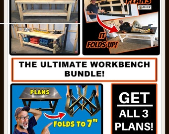 May include: A collage of images showing a wooden workbench that folds up to 7 inches. The workbench is made of wood and has a metal frame. The text "The Ultimate Workbench Bundle!" is displayed in the center of the image. The text "Get All 3 Plans!" is displayed in the lower right corner of the image.