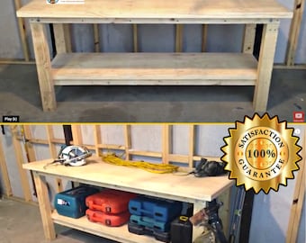 May include: A wooden workbench with two shelves. The workbench is made of unfinished wood and has a simple design. The workbench is in a garage or workshop setting.