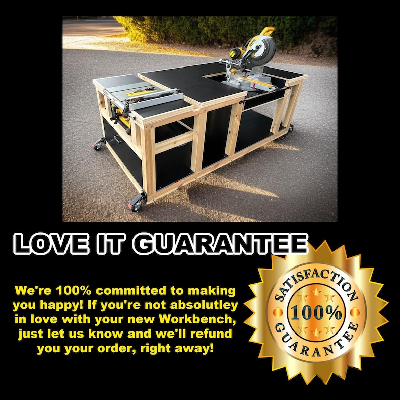 K&ouml;nnte beinhalten: Eine Werkbank aus Holz mit schwarzer Tischplatte und eingebauter S&auml;ge. Die Werkbank hat einen stabilen Rahmen mit Rollen f&uuml;r Mobilit&auml;t. Der Text "LOVE IT GUARANTEE" wird unten im Bild angezeigt.