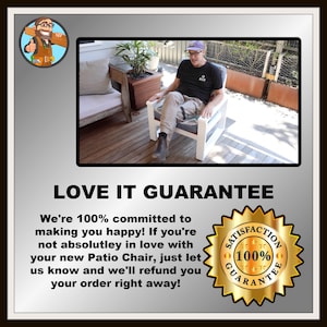 May include: A white patio chair with a woven seat and back is shown. The chair is on a wooden deck. The image includes the text "LOVE IT GUARANTEE" and a gold seal that says "SATISFACTION GUARANTEE (100%)".