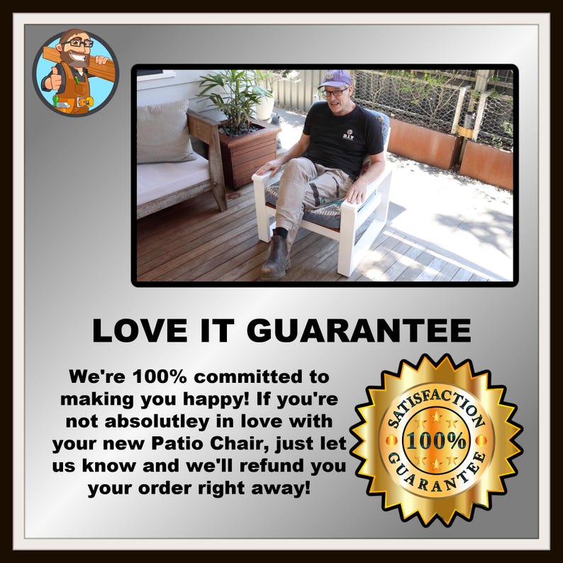 May include: A white patio chair with a woven seat and back is shown. The chair is on a wooden deck. The image includes the text "LOVE IT GUARANTEE" and a gold seal that says "SATISFACTION GUARANTEE (100%)".