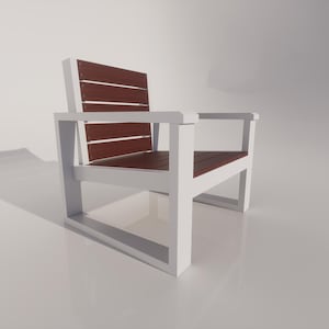 May include: A modern outdoor chair with a white frame and reddish-brown wooden slats for the seat and back. The chair has armrests and a simple, geometric design. The chair's dimensions are approximately 30 inches wide, 30 inches deep, and 30 inches high.