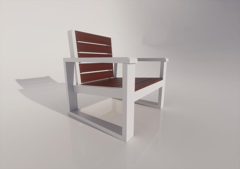 May include: A modern outdoor chair with a white frame and reddish-brown wooden slats for the seat and back. The chair has armrests and a simple, geometric design. The chair's dimensions are approximately 30 inches wide, 30 inches deep, and 30 inches high.