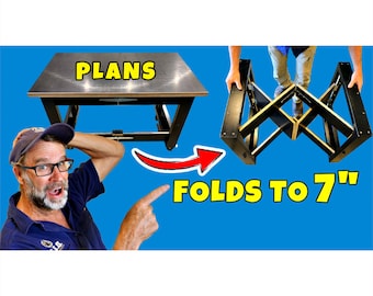 May include: A black metal workbench with a metal top that folds to 7 inches. The workbench is on wheels and has the text "PLANS" on the top.