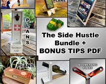 Woodworking Plans, Easy Fun Woodworking Projects Bundle, Phone and Tablet Stand, Bottle Stand and Bottle Openers, Candle Holder, Boomerang