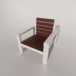 May include: A white and brown wooden armchair with a slatted seat and back. The chair has a rectangular shape with armrests. The seat and back are made of brown wooden slats, while the frame and armrests are white.