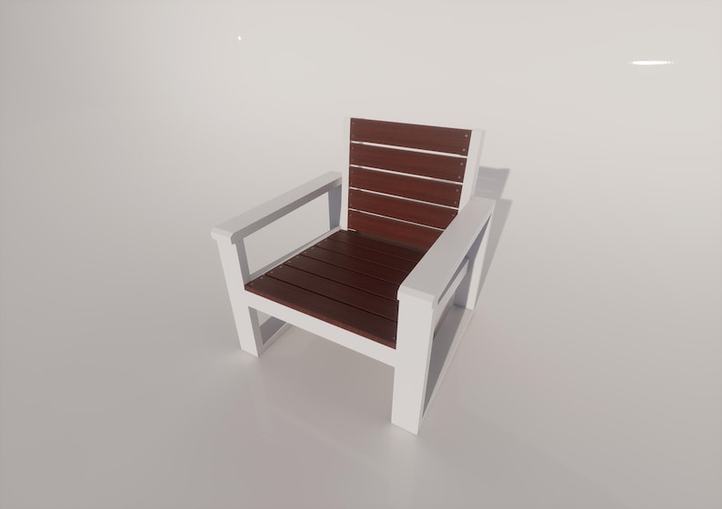 May include: A white and brown wooden armchair with a slatted seat and back. The chair has a rectangular shape with armrests. The seat and back are made of brown wooden slats, while the frame and armrests are white.