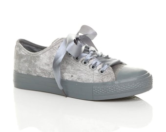 Grey / Silver Velvet Ribbon Lace Up Trainers Girl's Womern's Converse Style Pumps