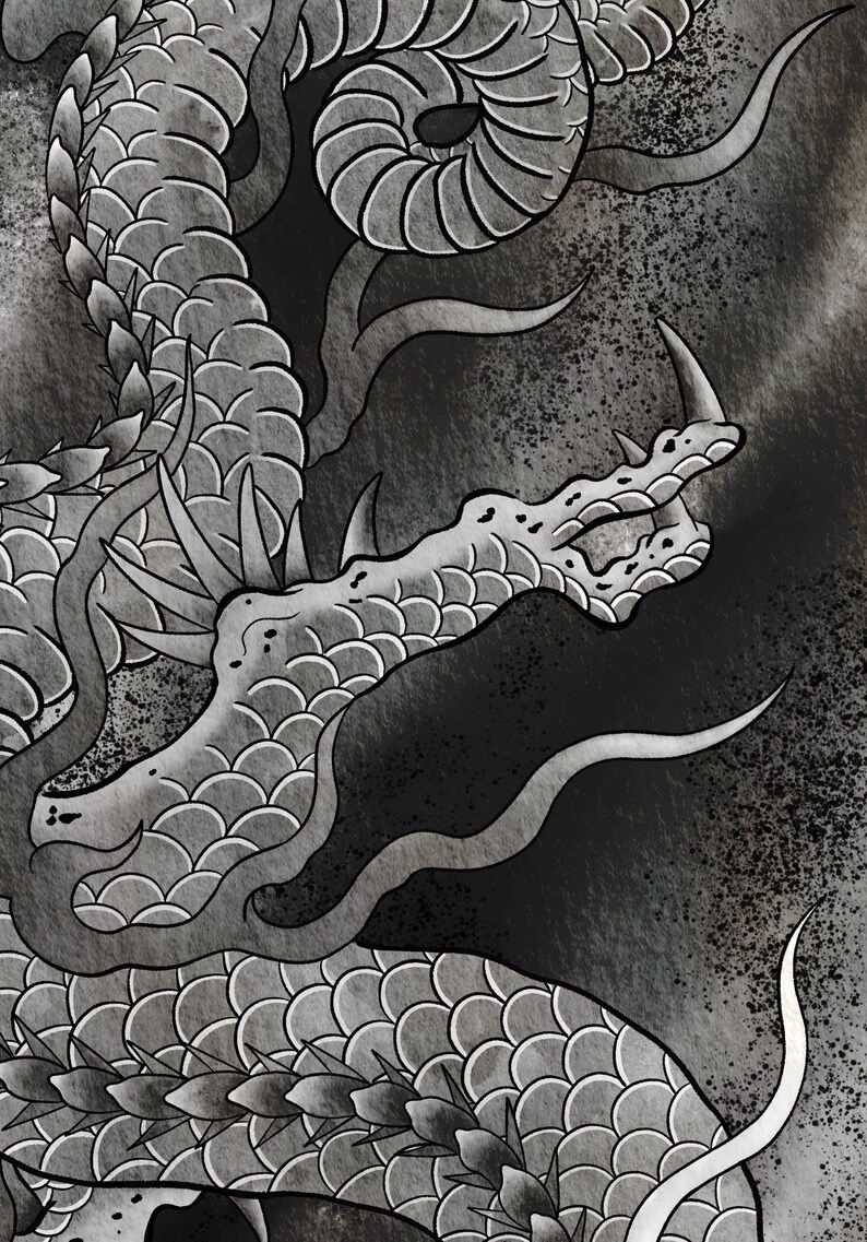 Black & White Dragon Japanese Tattoo Style Wall Art Print | Tattoo ...