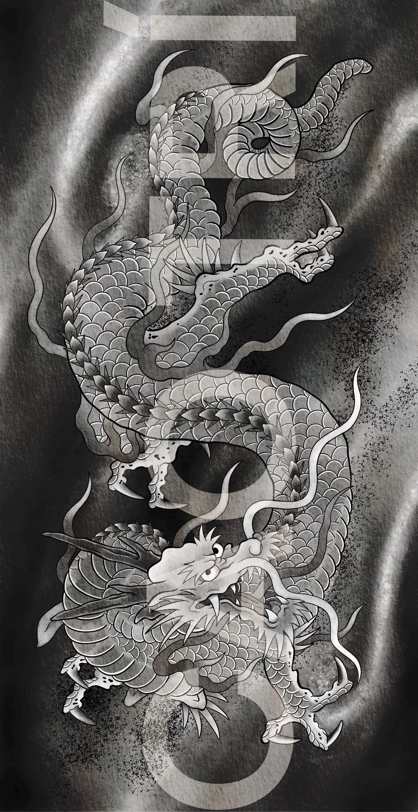 Black & White Dragon Japanese Tattoo Style Wall Art Print Tattoo Flash ...