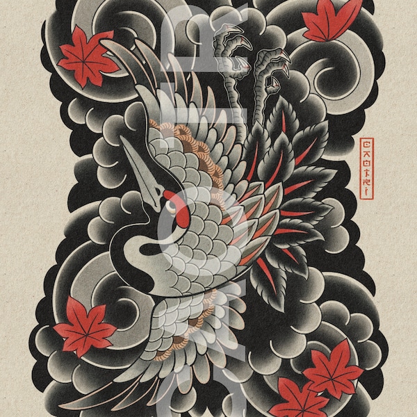 Big Colourful Japanese Crane Tattoo Style Wall Art Print | Tattoo Flash Wall Decor | Tattoo Traditional | Tattoo Poster|Digital Download