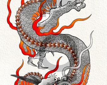 Black & White Dragon Japanese Tattoo Style Wall Art Print | Tattoo ...