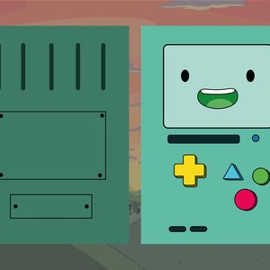May include: Illustration of BMO from Adventure Time. The character is a teal-colored handheld video game console with a smiling face on the screen. It has a yellow cross-shaped directional pad, a blue triangle button, and a green circle button.