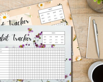 Habit Tracker PRINTABLE, FLORAL PACK, Habit Tracker Bullet Journal, śledzenie rutynowych nawyków, planer celów, miesięczny tracker