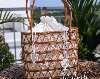 Bali Rattan Tote, Straw Tote bag, Woven Beach Bag, one shoulder summer handbag, genuine leather strap