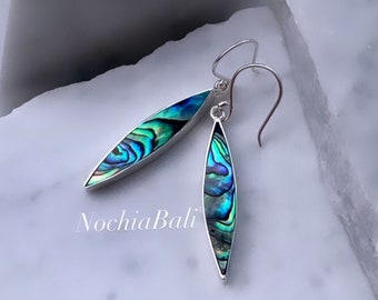Long abalone earrings, Natural Paua Abalone, boho shell earrings, Paua shell jewelry, Bali sterling silver, gift for her