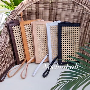 Leather rattan Purse, Cane webbing Clutch, handmade summer purse, Genuine leather, gift for her