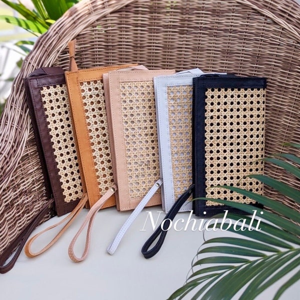 Leather rattan Purse, Cane webbing Clutch, handmade summer purse, Genuine leather, gift for her