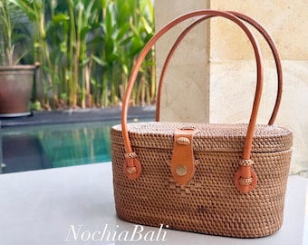 Bolso de ratán para playa, bolso de verano tejido, bolso para boda en la playa, bolso bohemio, correa de cuero genuino, regalo para mujer