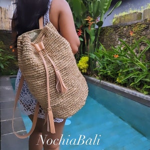 Beach Straw backpack, Woven Raffia backpack, Backpack with Genuine leather strap, Natural Leather color, gift for her image 2