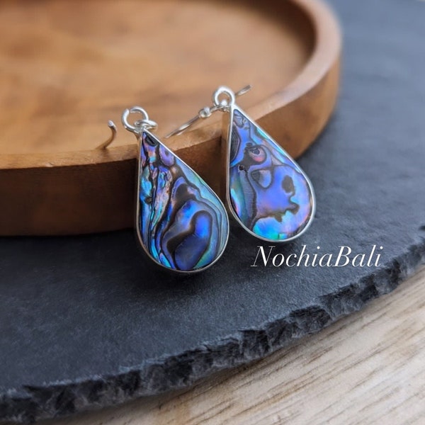 Abalone Teardrop Ohrring, Meerblau Ohrring, Boho Muschel Schmuck, handgemachte Ohrring, Sterling Silber, Geschenk für sie