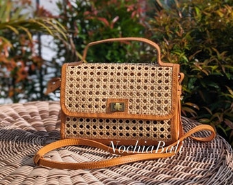 Rattan Leather Bag, Cane Webbing Handbag, Webbing Rattan Purse, Summer Straw Purse, Rattan Leather bag, Gift for her
