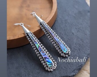 Long dangle abalone earring, shell teardrop earring, Boho abalone earring, abalone jewelry, sterling silver, gift for her