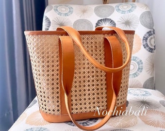 Tan Rattan Tote, Cane Webbing Bag, Wicker Rattan Handbag, Cane Webbing Tote, Bali Handmade Bag, genuine leather bag