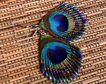 Natural Peacock Feather Earrings: Handmade Bali Jewelry