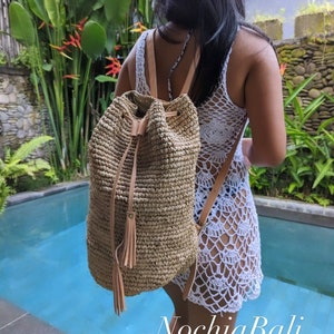 Beach Straw backpack, Woven Raffia backpack, Backpack with Genuine leather strap, Natural Leather color, gift for her image 1