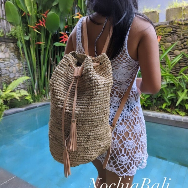 Beach Straw backpack, Woven Raffia backpack, Backpack with Genuine leather strap, Natural Leather color, gift for her