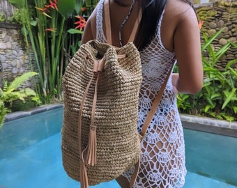 Beach Straw backpack, Woven Raffia backpack, Backpack with Genuine leather strap, Natural Leather color, gift for her