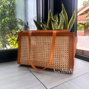 Leder Rattan Tragetasche, Laptop Tasche, Sommer Rattan Tragetasche, Große Urlaubstasche, Cane Webbing Handtasche, echtes Ledertasche