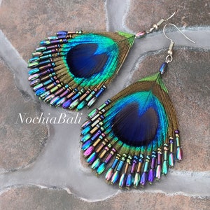 Peacock Feather Earrings, Natural peacock earring, Peacock Feather Jewelry, Boho earring, gift for her image 1