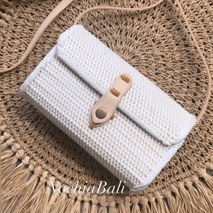 White Bridesmaid Bag, envelope rattan bag, Bridal party bag, Wedding Crossbody bag, Summer Purse, genuine leather strap