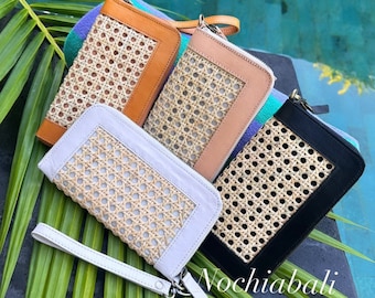 Leather Rattan Wallet, Cane Webbing Purse, Handmade Rattan Purse, Leather Slim Purse, Bridesmaid Gift Purse, genuine leather