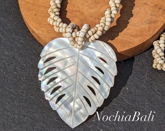 Leaf shaped necklace, Mother of pearl necklace, handmade Pendant, Boho beach jewelry, summer jewelry, gift for her