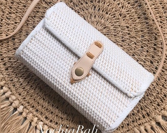 White Bridesmaid Bag, envelope rattan bag, Bridal party bag, Wedding Crossbody bag, Summer Purse, genuine leather strap