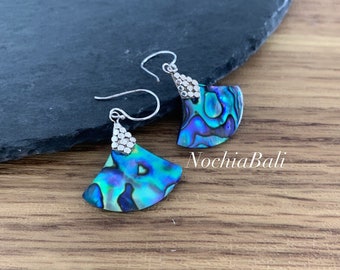 Abalone drop earring, fan shaped earring, Bali Art earring, Boho earring silver, dangle drop earring, gift for her